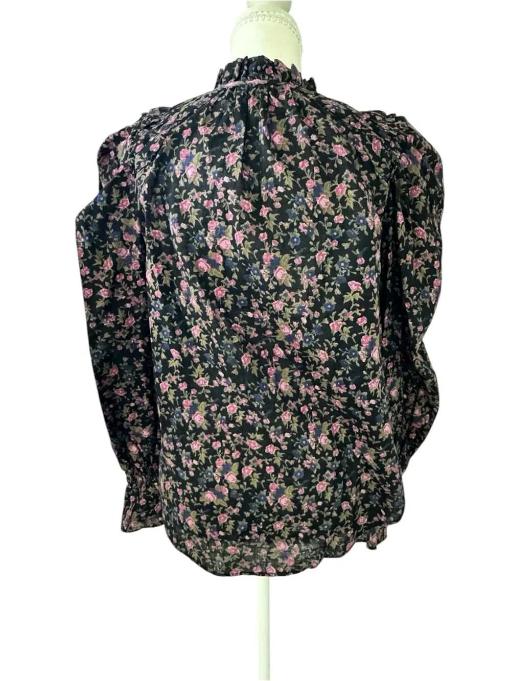 Free People Meant to Be Floral Tie Neck Puff Sleeve Blouse Black Pink XS Boho